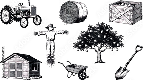 Vintage farm and harvest vector set containing eight separate isolated objects: an old-fashioned agricultural tractor, tied hay bale, rustic wooden crate, traditional scarecrow, mature apple tree