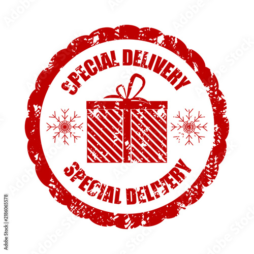 Special delivery stamp featuring a wrapped gift box and snowflakes in a distressed red vector illustration