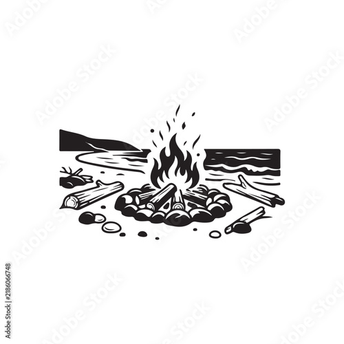 Black and white vector illustration of a campfire with logs and flames surrounded by scattered firewood in a natural outdoor setting.