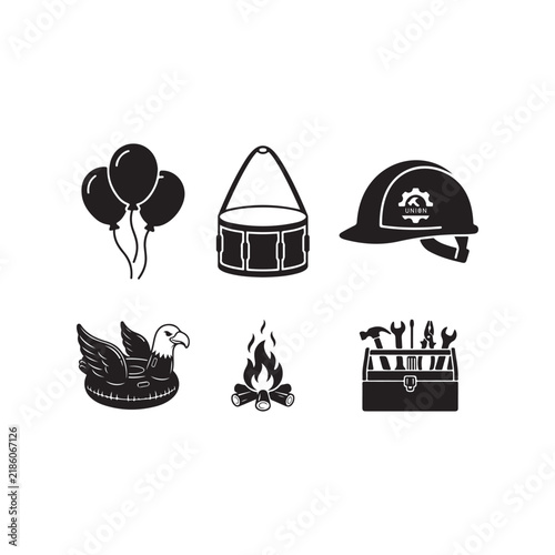 Six black and white vector icons depicting camping, firefighter, eagle float, balloons, campfire, and toolbox for various creative projects.