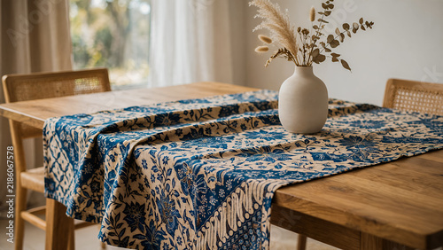 Cozy wooden dining table set with blue batik table runner, ceramic vase, and dried flowers near sunlit window, home interior.
