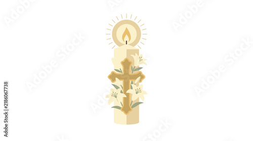 Religious Candle with Cross and Lilies, Isolated