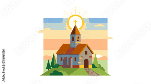 Stylized Chapel on Hill with Sunset Sky