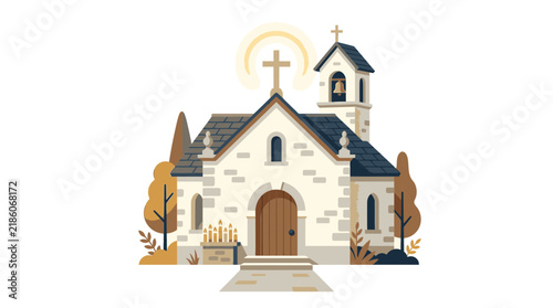 Stylized Stone Church with Bell Tower and Cross