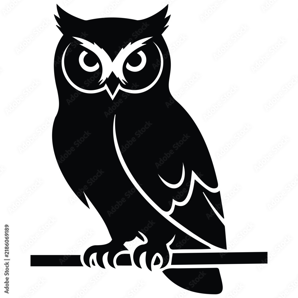 Fototapeta premium Wise owl vector silhouette illustration black and white perched bird line art design.
