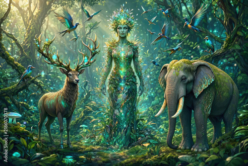 Ethereal Wildlife Gathering In Glowing Fantasy Forest