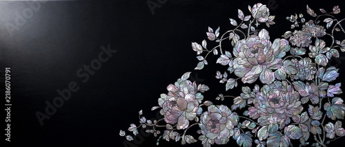 Korean Mother-of-Pearl Floral Inlay on Black Lacquer Background