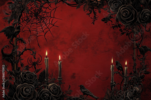 Dark gothic frame with black roses, candles, crows, and spiderweb on deep red background