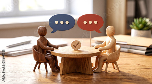 Two figures in discussion with speech bubbles and checkmark