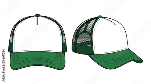 Illustration of Two Trucker Hats, One Front Facing and One Side Facing, White and Green