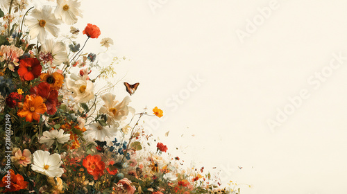 Vintage botanical background with wild flowers, orange poppies, cosmos, butterfly, and cream copy space