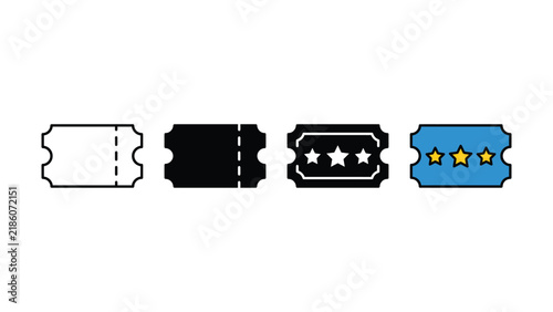 Set of four different flat icon ticket designs for various events and entertainment purposes