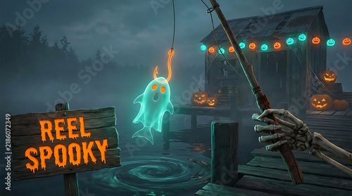 A skeletal hand holds a fishing rod with a ghostly fish caught on the line at dusk