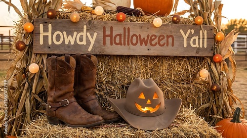 Cowboy boots jack o lantern hat and autumnal hay bales create a festive halloween scene