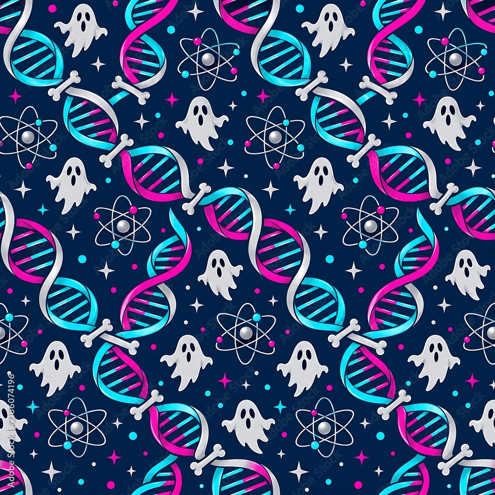 Naklejka premium Halloween Science Seamless Pattern with Glowing DNA Helix, Atoms, Bones, and Spooky Ghosts on Dark Blue Background