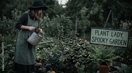 A woman waters plants from a metal watering can amidst a garden of pumpkins and bats