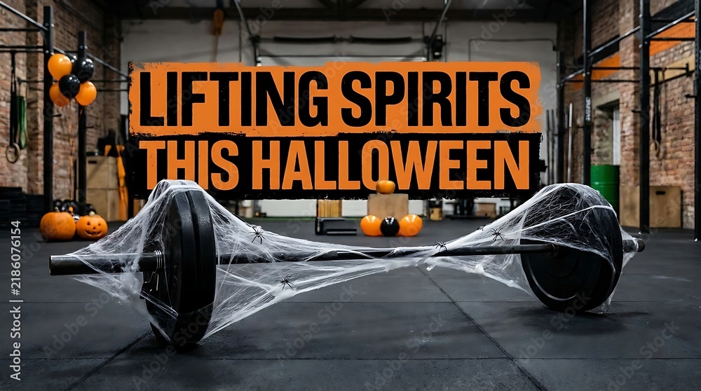 Naklejka premium A barbell decorated with artificial spiderwebs rests in a dimly lit fitness center for halloween weightlifting gym