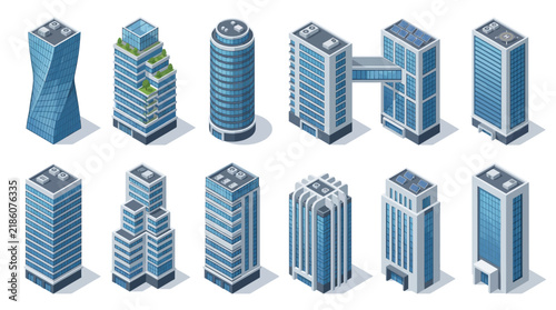 Isometric modern skyscrapers collection, city buildings, urban architecture