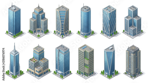 Modern Cityscape: Isometric Office Buildings Collection