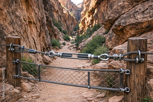 A fenced area with a mountain in the background