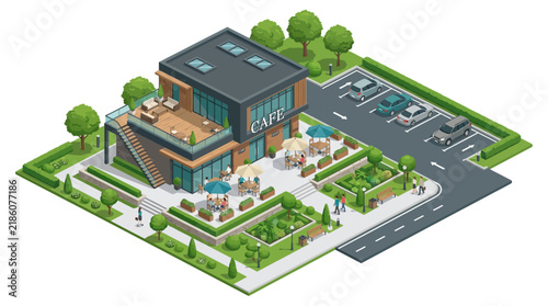 Modern Isometric Cafe Building with Outdoor Seating and Parking Lot