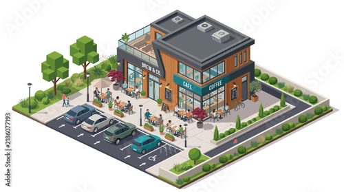 Modern Isometric Cafe Exterior With Outdoor Seating and Parking