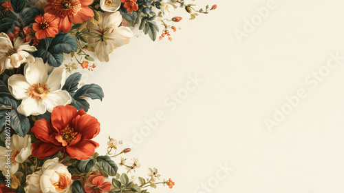Vintage botanical frame with white and red peonies, roses, and cream copy space