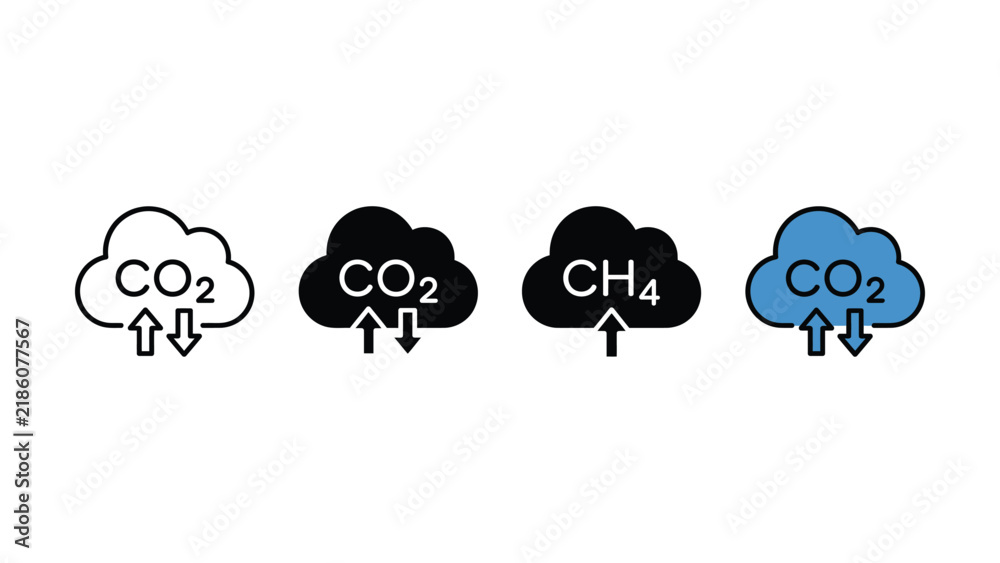 Obraz premium Set of carbon dioxide and methane emission icons with arrows representing atmospheric gas exchange