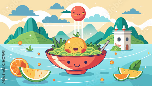 Cute kawaii noodle bowl character in a landscape with mountains and fruit. Vibrant flat vector illustration of Japanese food concept and happy atmosphere.