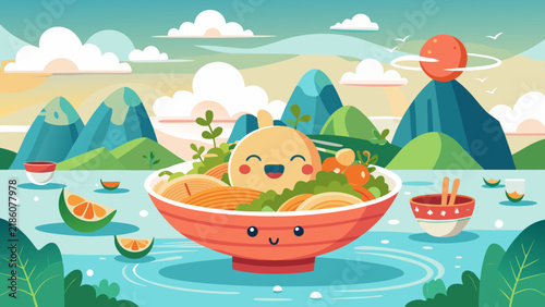 Kawaii ramen bowl character in stylized mountain landscape flat vector illustration.