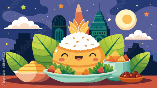 Cute cartoon food character illustration featuring a smiling bun in a bowl with fresh fruits, vegetables, and a city skyline background under a starry night sky.