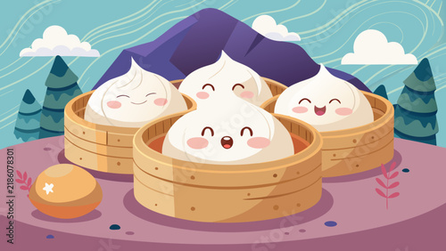 Cute Kawaii Steamed Buns in Bamboo Steamers Illustration, Smiling Baozi Characters, Chinese Dim Sum Vector Art.