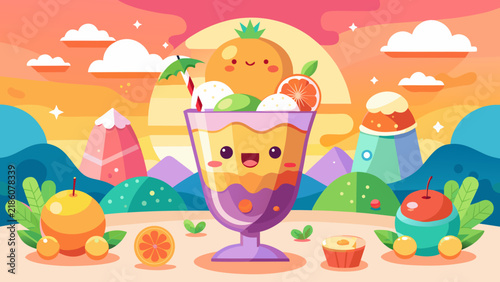 Kawaii Ice Cream Sundae Character in Tropical Landscape Vector Illustration, Vibrant Flat Design with Sunset, Palm Trees, and Mountains for Summer Background.