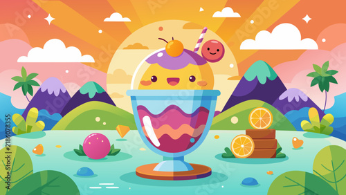 Kawaii Summer Dessert Illustration featuring a Cute Smiling Ice Cream Sundae with Fruits in a Vibrant Flat Landscape at Sunset, Whimsical Colorful Vector Art.