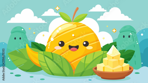 Cute Kawaii Mango Character Illustration with Sliced Fruit Cubes and Tropical Landscape Background, Cartoon Vector Graphic.