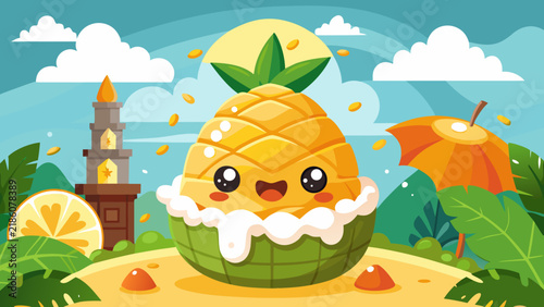 Cute kawaii pineapple character on a tropical beach with sun and palm leaves.