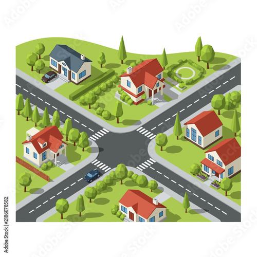 Isometric suburban neighborhood crossroads with houses and cars