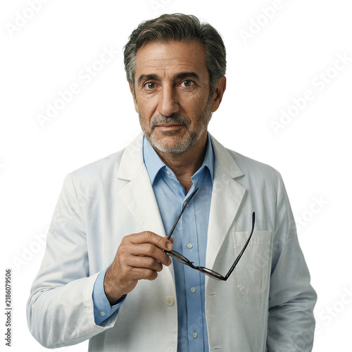 Doctor physician portrait 55 year old Middle Eastern man isolated on a transparent background for professional healthcare and medical concepts