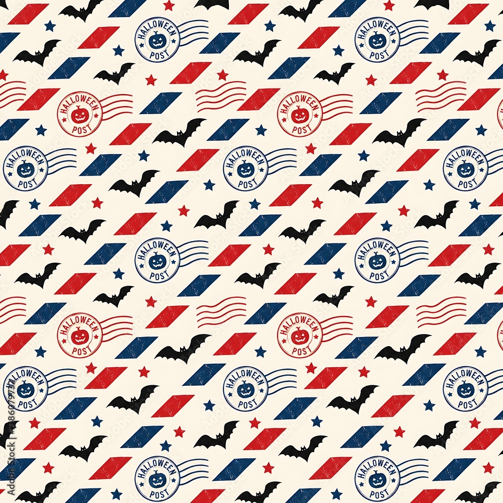 Obraz premium Vintage Halloween Post Airmail Seamless Pattern Background with Stamps Bats and Parallelograms