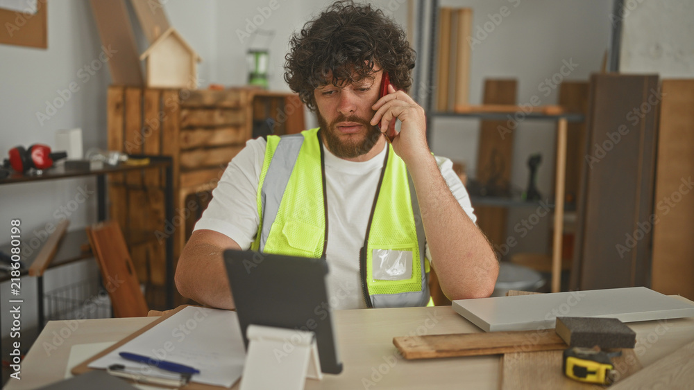 Fototapeta premium Man carpenter in high visibility vest holding phone to ear and tapping tablet on desk in building; project planning stress.