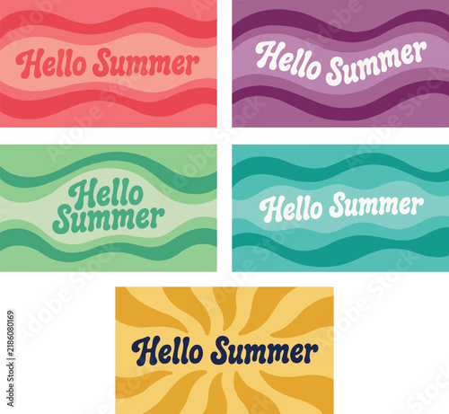 Hello summer vintage banner with wave patterns