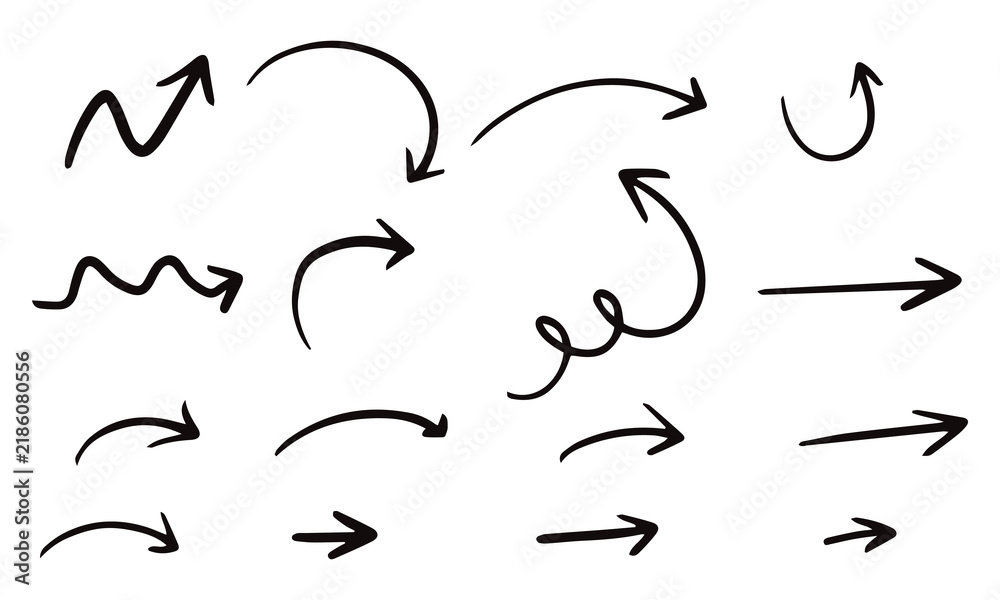 Obraz premium Hand-drawn doodle arrows set. Set of simple arrows, isolated. Curvy, sketchy directional symbols. Collection of swirl arrow elements for infographic design in Adobe Illustrator.