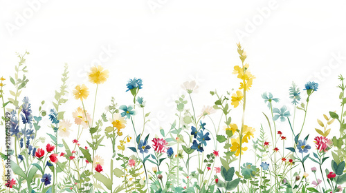 Watercolor wildflower border with colorful meadow flowers and white copy space background