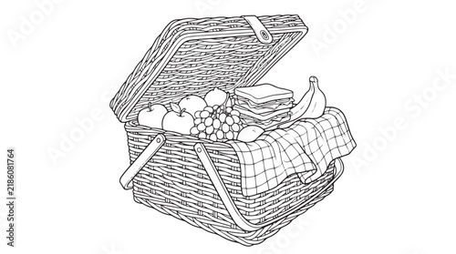 Fotografía Vintage picnic basket line art, hand drawn wicker hamper with fruit and sandwich