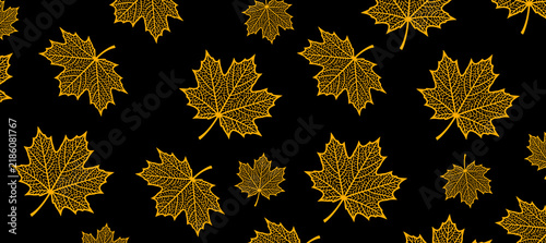 Golden autumn maple leaf skeleton seamless pattern on black background