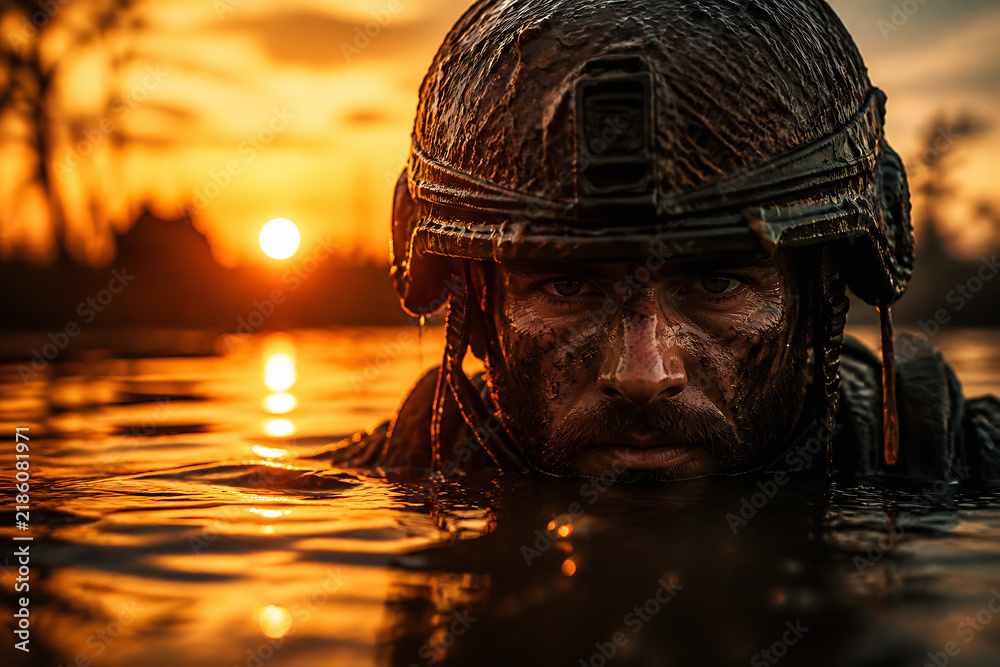 Obraz premium A soldier in tactical gear emerges from water at sunrise or sunset.