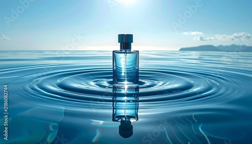 Perfume bottle creating ripples in clear blue water