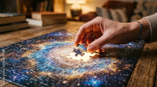 Hand placing the last piece of a galaxy puzzle on a wooden table.