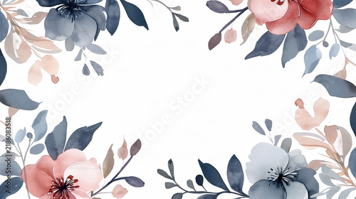 Watercolor floral frame with navy blue and dusty pink flowers on white copy space background