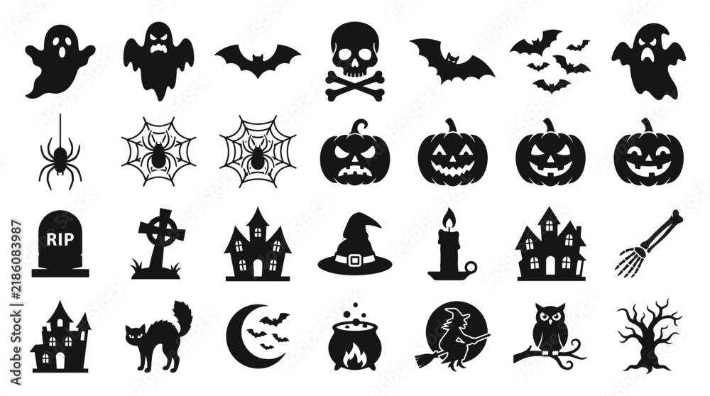 Obraz premium Halloween silhouette icons set with ghosts, bats, skulls, pumpkins, haunted houses, and witches 